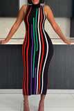 Goosudu Sexy Striped Patchwork Mandarin Collar Long Dress Dresses