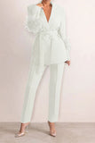 Goosudu Solid Color Feather Trim Elegant Belted Pant Suit