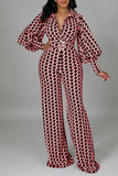 Goosudu OL Houndstooth Lantern Sleeve Belted Jumpsuit