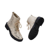 Goosudu Women Sexy Sequin Lace-Up Ankle Chunky Heel Boots