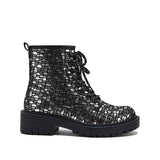 Goosudu Women Sexy Sequin Lace-Up Ankle Chunky Heel Boots