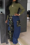 Goosudu Camouflage Patchwork Hippy Multi Pocket Jeans