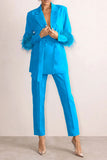 Goosudu Solid Color Feather Trim Elegant Belted Pant Suit