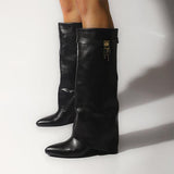 Goosudu Comfy Leather Hidden Wedge Heel Roman Boots