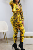 Goosudu Casual Print Leopard Patchwork Turndown Collar Long Sleeve Two Pieces