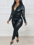 Goosudu Faux-Leather Hoodie & Pants Set