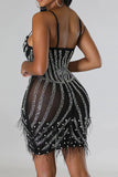 Goosudu Rhinestone & Beaded Decor Hot Tassel Trim See-Through Mini Dress