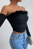 Goosudu Sexy Elegant Solid Feathers Off the Shoulder Tops