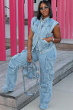 Goosudu Sleeveless Button Up Denim Jacket Wide Leg Pockets Jeans Matching Set