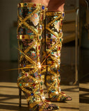 Goosudu Rhinestone Decor Luxe Patchwork Floral Jacquard Boots