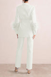 Goosudu Solid Color Feather Trim Elegant Belted Pant Suit