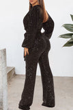 Goosudu Sexy V-neck Sequin Lace Up Long Sleeve Wide Leg Jumpsuit