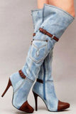 Goosudu Denim Patchwork Funky Buckled Boots