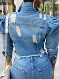 Goosudu Distressed Puff-Sleeve Denim Jacket