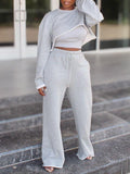 Goosudu Solid Cropped Sweatshirt & Wide-Leg Pants Set