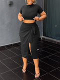 Goosudu Solid Cropped Top & Slit Skirt Set