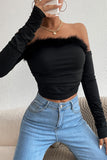 Goosudu Sexy Elegant Solid Feathers Off the Shoulder Tops