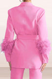 Goosudu Solid Color Feather Trim Elegant Belted Pant Suit