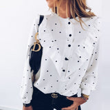 Elegant Print Ruffle Buttons Shirt Blouse Women O Neck Pullover Tops Blusa Spring Autumn Long Sleeve Polka Dot Blouse Streetwear