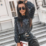 Elegant Print Ruffle Buttons Shirt Blouse Women O Neck Pullover Tops Blusa Spring Autumn Long Sleeve Polka Dot Blouse Streetwear