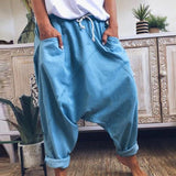 Goosudu Women Harem Pants Trousers Boho Mid Waist Pants Women Solid Check Pants Baggy Wide Leg Casual Capris