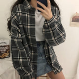 goosudu Flannel Oversized Shirt Long Sleeve Collared Boyfriend Plaid Blouse Fall Winter Women's Blouses & Shirts *