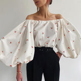 goosudu Fashion Sexy Off Shoulder Blouses Women Spring Summer Lantern Long Sleeve Print Top Vintage Holiday Elegant Shirt Blusas