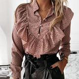 Elegant Print Ruffle Buttons Shirt Blouse Women O Neck Pullover Tops Blusa Spring Autumn Long Sleeve Polka Dot Blouse Streetwear