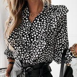 Elegant Print Ruffle Buttons Shirt Blouse Women O Neck Pullover Tops Blusa Spring Autumn Long Sleeve Polka Dot Blouse Streetwear