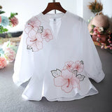 goosudu Tunic White Shirt Women Chiffon Flower Embroidery Blouse V neck  Office Ladies Tops Casual High quality Summer Puff sleeve