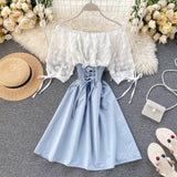 goosudu Sexy Off Shoulder patchwork Summer Short Dress Party flower chiffon Slim waist lace up Women casual A-Line beach dress