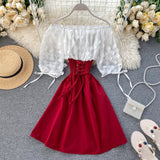 goosudu Sexy Off Shoulder patchwork Summer Short Dress Party flower chiffon Slim waist lace up Women casual A-Line beach dress