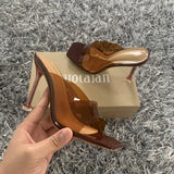 goosudu Summer Women sandals Sexy Transparent Heel Slippers Sandal Shoes Woman Thin High Heels Square Toe Sandal Lady Pump Shoes Mules