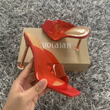 goosudu Summer Women sandals Sexy Transparent Heel Slippers Sandal Shoes Woman Thin High Heels Square Toe Sandal Lady Pump Shoes Mules