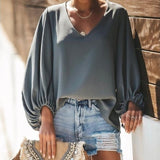 Plus Size Long Lantern Sleeve Chiffon Shirt Women Spring Summer Fall Solid Color V-neck Loose Blouse Female Fashion Casual Tops