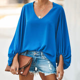 Plus Size Long Lantern Sleeve Chiffon Shirt Women Spring Summer Fall Solid Color V-neck Loose Blouse Female Fashion Casual Tops