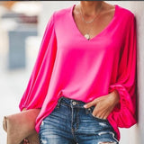 Plus Size Long Lantern Sleeve Chiffon Shirt Women Spring Summer Fall Solid Color V-neck Loose Blouse Female Fashion Casual Tops