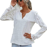 Goosudu  Autumn Elegant Office Lady Spring White Tops Women's Lace Patchwork Long Sleeved V-neck Slim Shirt Ladies Fashion Casual Blouse