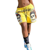 Drawstring Shorts Women Mid Waist Loose Casual Black Sweatpants Summer Fashion Skull Print Street Punk Style Hip Hop Short Pants