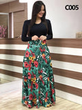 Women Maxi Dress Autumn Casual Floral Print O Neck Short Sleeve Patchwork Tunic Party Elegant Boho Dresses Robe Ladies Plus Size