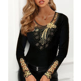 goosudu  Elegant Blouse for Women Flower Print Mesh Tops Long Sleeve Black O-neck Patchwork Ladies Lace Decor Tee Tops Spring summer