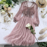 Women Mesh Lace Crochet Dresses V-neck Elegant Prom Puff Sleeves Dress Women Summer Dot Prom Party Sexy Slim Swing Long Dress