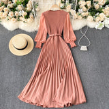 goosudu Autumn Fashion Streetwear Long Dress Design French Pleated Maxi Dress Women Elegant O Neck Long Sleeve A-line Dress