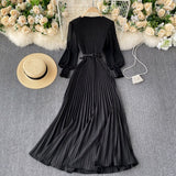 goosudu Autumn Fashion Streetwear Long Dress Design French Pleated Maxi Dress Women Elegant O Neck Long Sleeve A-line Dress