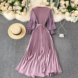 goosudu Autumn Fashion Streetwear Long Dress Design French Pleated Maxi Dress Women Elegant O Neck Long Sleeve A-line Dress