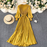 goosudu Autumn Fashion Streetwear Long Dress Design French Pleated Maxi Dress Women Elegant O Neck Long Sleeve A-line Dress