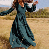 Stylish Ruffle Maxi Dress Casual Puff Sleeve Tunic Vestidos Female Solid Robe Women's Autumn Sundress