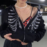 goosudu Y2K Rhinestone Zip Up Oversized Sweatshirts Summer Goth Hoodies Women Grunge Hooded Jacket Streetwear Retro Clothe