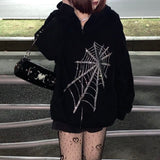 goosudu Y2K Rhinestone Zip Up Oversized Sweatshirts Summer Goth Hoodies Women Grunge Hooded Jacket Streetwear Retro Clothe