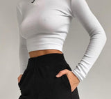 O Neck Long Sleeve Shirt Women Ribbed Sexy Cropped Tops Spring Black Casual Skinny Slim Basic Woman T Shirts White